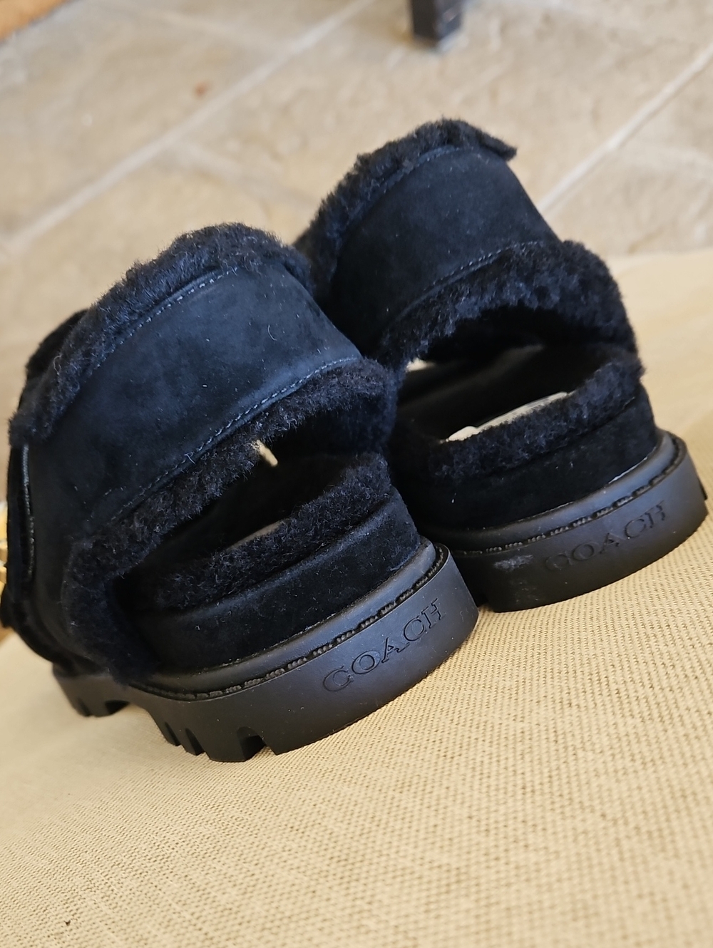 Coach Brynn Sporty Sandal Black Suede Sherling Fur Lined Lug Sole Double Strap - Picture 4 of 9